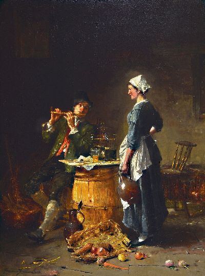 Hermann Ziebland, 1853 Würzburg-1896 München, Das Konzert, ein junger Bauer spielt die Flöte, begleitet vom Gesang eines Dompfaff, die junge ...