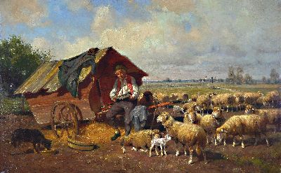 Ernst Adolf Meissner, 1837 Dresden-1902 München, Des Schäfers Sonntagstoilette, ein auf seinem Wagen sitzender lesender Schäfer, um ihn die ...