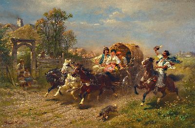 Heinrich (Ludwig, Christian, Dietrich) Winter, 1843 Frankfurt am Main-1911 Kronberg, Personen in dreispännigem Planwagen, seitlich ein einzelner ...