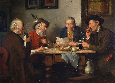 Josef Wagner-Höhenberg, 1870-1939, Vier alte Männer um den Tisch in einer Bauernstube, Öl/Lwd, rechts unten sign., ca. 63x86cm, R. ca. 82x104cm
