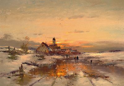Günther König, geb. 1926 Düsseldorf, Weite Winterlandschaft im Abendrot, Personen auf dem Weg zum Dorf, Öl/Lwd, sign., ca. 70x100cm, R. ca. ...