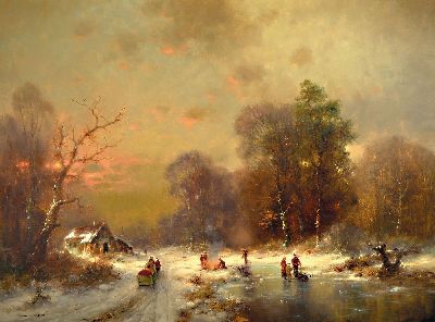 Günther König, geb. 1926 Düsseldorf, Weite Winterlandschaft im Abendrot, Personen auf dem Eis, im Schnee und am offenen Feuer, Öl/Lwd, links ...