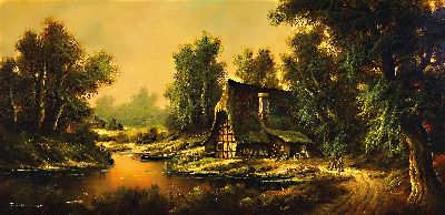 Manfred Herzog, Pseudonym Greiner, geb.1949 , ansässig in Speyer, Öl/Lwd, romantische Landschaft mit Bauernhaus, signiert Greiner, rückseitig ...