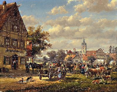 Hubert Kaplan, geb. 1940 München, Viehmarkt vor der Stadt, vielfigurige Szene mit detailreicher Schilderung auf einem Platz vor einem Gasthaus, ...