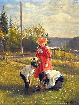 Ernst Schmitz, 1859 Düsseldorf-1917 München, Drei Kinder beim Spielen auf einer Wiese, feine detailreiche Malerei, einer der Jungen fängt ein ...