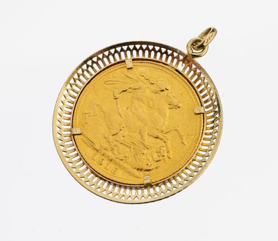 14 kt Gold Münz-Anhänger, GG 585/000, lose gefasste Goldmünze, Sovereign, 1918, Georg V.,schlichte Rahmung, D. ca. 3 cm, ca. 10.1 g