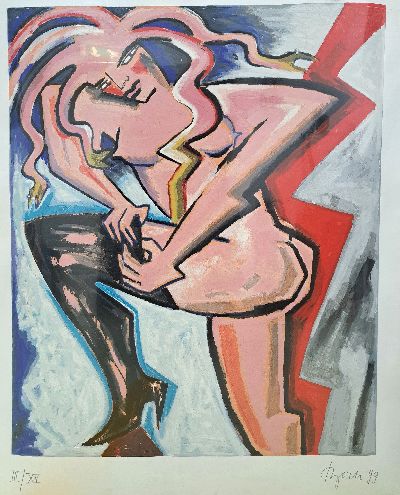 Elvira Bach, 1951 Neuenhain/Taunus, Medusa zieht ihren Strumpf an, von 1999, Siebdruck/Terragraphie, num. III/XV, wohl Vorabdruck, handsigniert, ...