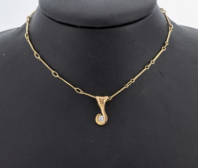 14 kt Gold Brillant-Anhänger, GG 585/000, bes. mit einem Brillant ca. 0.20 ct Weiß/si, an Stäbchenkette, L. ca. 48 cm, Karabiner- schließe, ca. ...