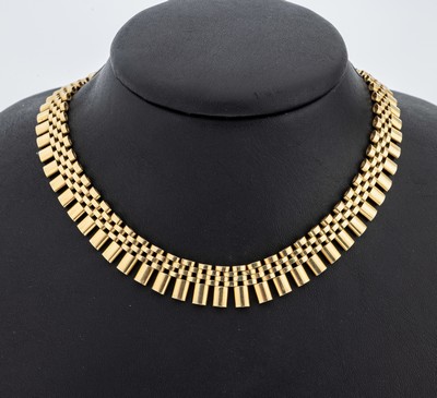 14 kt Gold Collier, GG 585/000, verlaufend,Backsteinoptik, L. ca 43.5 cm, Kastenschloss mit Sicherheitsacht, ca. 39.8 g
