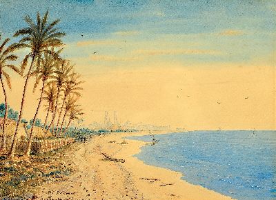 Wilhelm Velten, 1847 St. Petersburg-1929 München, Aquarell, "Campeche - Mexico" so betitelt, Blick entlang der Küste auf Campeche und die ...