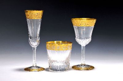 Trinkglasservice, Saint Louis, Thistle, für 6 Personen, 6 Weingläser, 6 Sektflöten, 6 Whisky-Gläser, mundgeblasene, handgeschliffene Gläser, ...