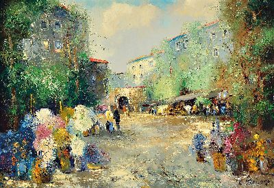Willi Bauer, geb. 1923 Aschaffenburg, Blumenmarkt in einer französischen Stadt, signiert, Öl/Lwd, 70x100 cm, Rahmen 80x110 cm