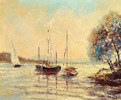 Willi Bauer, geb. 1923 Aschaffenburg, Segelboote auf einem See, rechts unten sign., Öl/Lwd, Rahmen