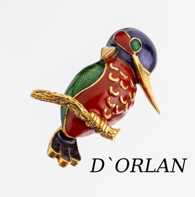 D'Orlan Brosche, Frankreich, Paris, 1960er- 70er Jahre, Metall verg., Darstellung eines Specht auf Ast, Hartlack in Grün, Blau und Rot, ca. 5 ...