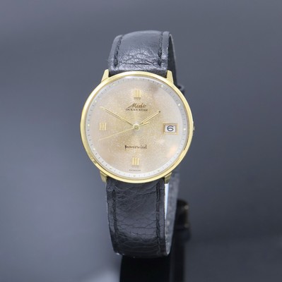 MIDO vergoldete Herrenarmbanduhr OCEAN STAR powerwind, Automatik, Schweiz 1960er Jahre, Metall-Monocoque-Geh. hartverg., Lederband m. verg. orig. ...