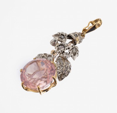 14 kt Gold und Silber Farbstein-Diamant- Clipanhänger, GG 585/000 gepr., florale Gestaltung, 38 in Silber gefasste Diamantrosenzus. ca. 0.20 ct, ...