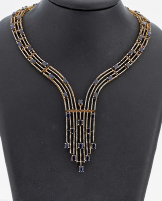 Prunkvolles Saphir-Diamant-Collier, Silber verg., 50 ovalfacett. Saphire zus. ca. 15 ct, ca. 1444 8/8-Diamanten zus. ca. 7.20 ct Weiß- ...
