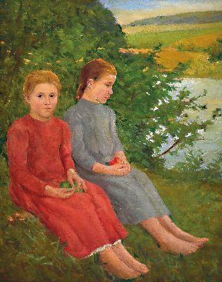 Alajos Kada, ungarischer Maler, geb. 1882, Porträt zweier Schwestern in Landschaft mit Flußlauf, Öl/Lwd, rechts unten sign., ca. 100x80cm, R. ...