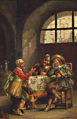 Carl Ostersetzer, 1865 Brody/Galizien-1914 Wien, Interieur, drei zechende Landsknechte in der Stube, Öl/Holz, signiert, ca. 48x31cm, R. ca. 61x46cm