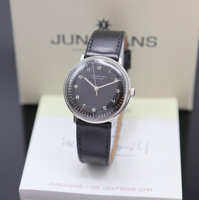 JUNGHANS Armbanduhr Max Bill Referenz 27.3702, Deutschland um 2005, Handaufzug, Edelstahlgeh., Boden verschr., schwarzes Zifferbl. m. Leuchtzahlen, ...