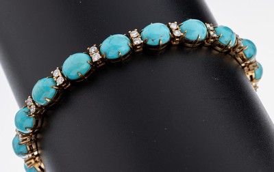 14 kt Gold Türkis-Brillant-Armband, GG 585/000, 18 ovale Türkis-Cabochons zus. ca. 40.0 ct, 36 Brillanten zus. ca. 1.08 ct Weiß/si, L. ca. 18 cm, ...