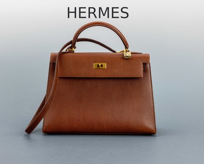 HERMES Kelly Bag, Togo Leder golden- brown/braun , Ende 1990er Jahre, goldfarb. Hardware, Schloss mit Clochette und Schlüssel, Umhängeriemen. ca. ...