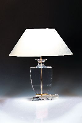 Tischlampe, neuzeitlich, Balusterfuss Plexiglas mit Messingapplikationen, Elektrik nicht geprüft, Höhe ca. 70cm