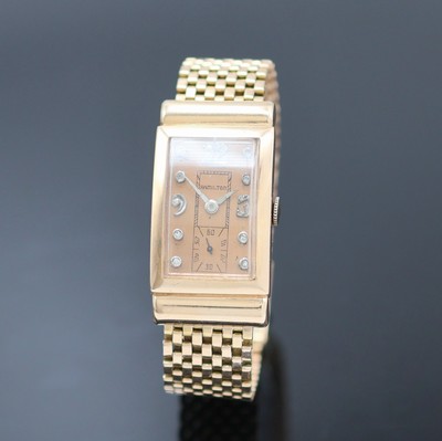 HAMILTON ausgefallene Schmuckbanduhr in RG 585/000, USA um 1938, Handaufzug, ausgef., unsign. Goldgeh. inkl. unsign. RG 585/000 Band, verd. ...
