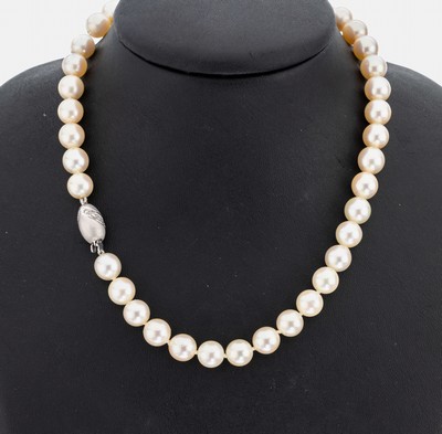 Perl-Collier mit 14 kt Gold Diamant-Schließe, WG 585/000, Akoyazuchtperlen, D. ca. 8.4-8.8 mm, Steckschließe mit 10 8/8-Diamantenzus. ca. 0.10 ct ...