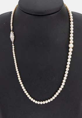 Perl-Collier mit 14 kt Gold Schließe, 1930er Jahre, GG/WG 585/000, im Verlauf Akoyazuchtperlen, D. ca. 3.1-7.3 mm, Steckschließe durchbrochen, L. ...