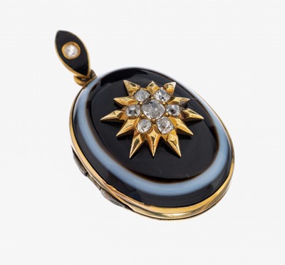 14 kt Gold Achat-Diamant-Medaillonanhänger, um1880, GG 585/000 gepr., Deckel mit Streifenachat, aufgelegter Stern mit 7 Altschliffdiamanten zus. ...