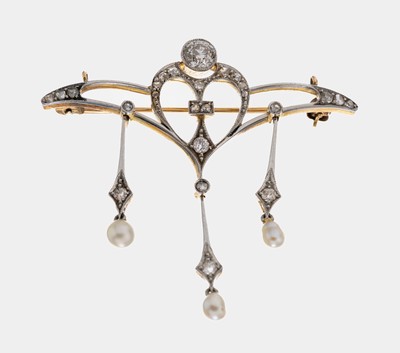 18 kt Gold Jugendstil Diamant-Perl-Brosche, um1900-05, GG 750/000 gepr., schauseitig Platin, streng geometrischer Jugendstil, 1 Altschliffdiamant ...
