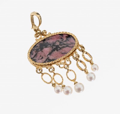 14 kt Gold Rhodonit-Perl-Clipanhänger, GG 585/000, ovale Rhodonit-Platte, 5 bewegl. Abhängungen mit Zuchtperl-Abschlüssen, D. ca. 4.3-5.6 mm, ca. ...