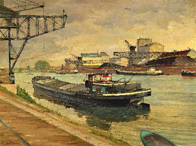 C. Sattler, Künstler der Mitte des 20.Jh., "Rheinhafen karlsruhe" so verso auf altem Etikett bez., Öl/Malplatte, links unten signiert, ...