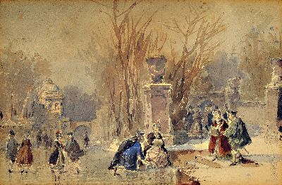 Anton Doll, 1826-1887 München, Aquarell, höfisches Trieben in Parklandschaft, links unten unter PP signiert A.Doll, Blatt auf Pappe doubliert, ...