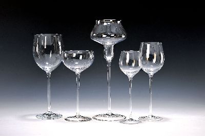 Trinkglasservice, 33 Teile, Riedel, 6 Champagnerschalen, 6 Weißweingläser, 5 Südweingläser, 6 Rotweingläser, 3 Rotweingläser etwas größer, 6 ...