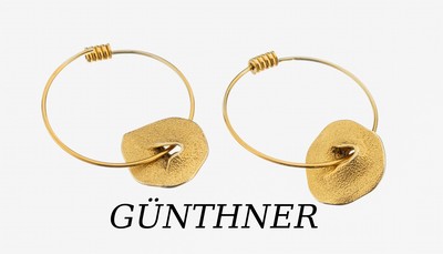 Paar 14 kt Gold Ohrhänger, GG 585/000, schlicht, abnehmbare Einhänger, abstrakt, D. ca. 2.8 cm, ca. 7.3 g, Hersteller GÜNTHNER/Pforzheim