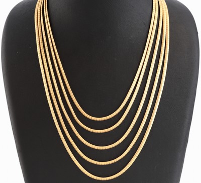 18 kt Gold Collier, GG 750/000, sat., 5- rhg., L. ca. 40 cm, Kastenschloss mit Sicherheitsacht, ca. 72.4 g