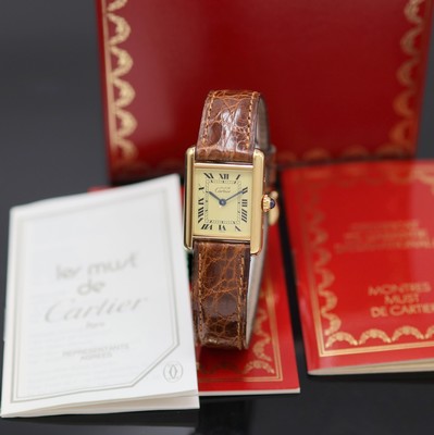 CARTIER Tank Vermeil Damenarmbanduhr Referenz 5057001, quarz, verg. Silbergeh. inkl. orig.Lederband m. verg. orig. Dornschl., Boden 4- fach verschr., ...