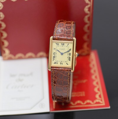 CARTIER Armbanduhr Tank Vermeil Referenz 590005, Schweiz um 1990, quarz, 2-teil., verg. Silbergeh. inkl. orig. Lederband m. verg. orig. Dornschl., ...
