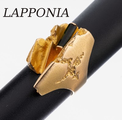 14 kt Gold LAPPONIA Turmalin-Ring, GG 585/000, Finnland, 1974, typ. abstraktes Design, Turmalin-Stab, RW 56, ca. 11.8 g