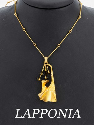 14 kt Gold LAPPONIA Turmalin-Collier, GG 585/000, Finnland, 1978, typ. abstraktes Design, 5 längliche bewegl. Elemente mit kl. Turmalin-Stäben, L. ...