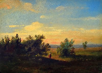 Unbekannter Künstler des 19.Jh., weite Heidelandschaft mit Hirtin bei Sonnenuntergang, Öl/Holz, ungerahmt, 17x24 cm