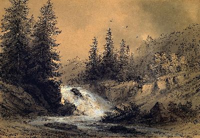 Albert Rieger, 1834 Triest -1905 Wien, Federzeichnung mit schwarzer Tinte, weißgehöht, Gebirgslandschaft mit Wildbach, rechts untensigniert, unter ...