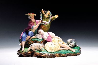Große Figurengruppe, Damm, nach Höchster Vorbild Entwurf Johann Peter Melchior, "Der Schlummer der Schäferin", Fayence polychrom bemalt, ...