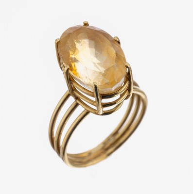 14 kt Gold Citrin Ring, GG 585/000, hoher Aufbau mit ovalfacett. gelbem Citrin, total ca. 6.7 g, RW 57, reinigungsbed.