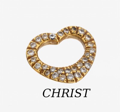 18 kt Gold CHRIST Brillant-Anhänger, GG 750/000, Herz, Brillanten zus. ca. 0.16 ct Weiß/p, ca. 1.3 x 1.2 cm, ca. 2.6 g, sign.
