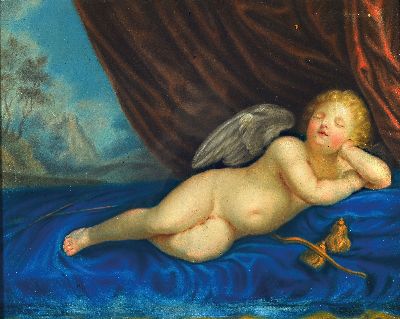 Unbekannter Künstler, 19. Jh., schlafender Amor, Kreide/Papier, Altersspuren, unter Glas, Prunkrahmen, ca. 42 x 55 cm/ 60 x 70cm