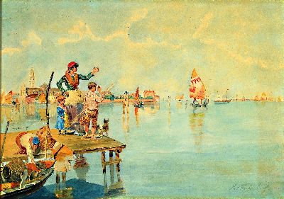 Ernst Weckerling, 1877-1917, Aquarell, südliche Hafenszene, Familie verabschiedet denVater zur See, rechts unten signiert, unter Glas gerahmt 36x48 ...
