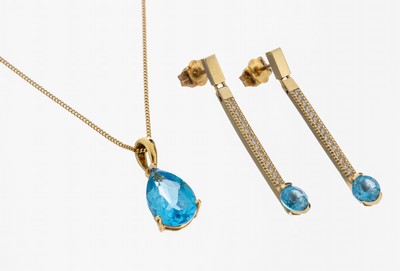 18 und 14 kt Gold Topas-Brillant-Konvolut, GG 750/000 und 585/000, Anhänger: MeistermarkeH.STERN, GG 750/000, und Paar Ohrstecker mit langer ...